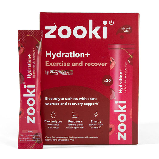 "Zooki Hydrate+ Exercise & Recover, Cherry Flavour" 30x7.9g